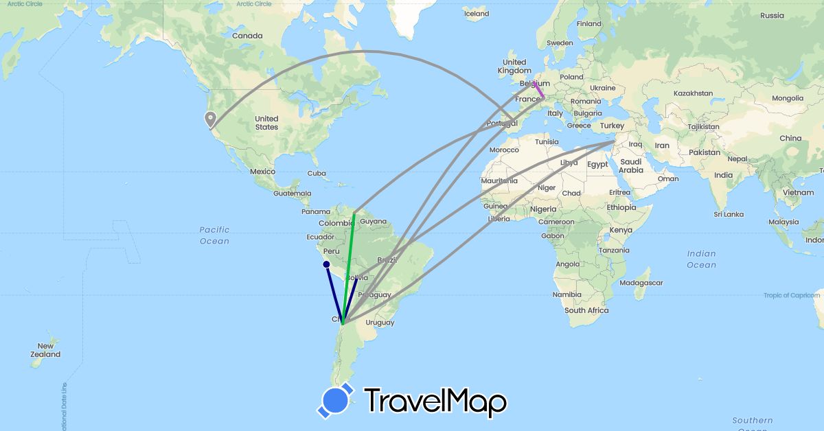TravelMap itinerary: driving, bus, plane, train in Belgium, Bolivia, Switzerland, Chile, Spain, Lebanon, Peru, United States, Venezuela (Asia, Europe, North America, South America)